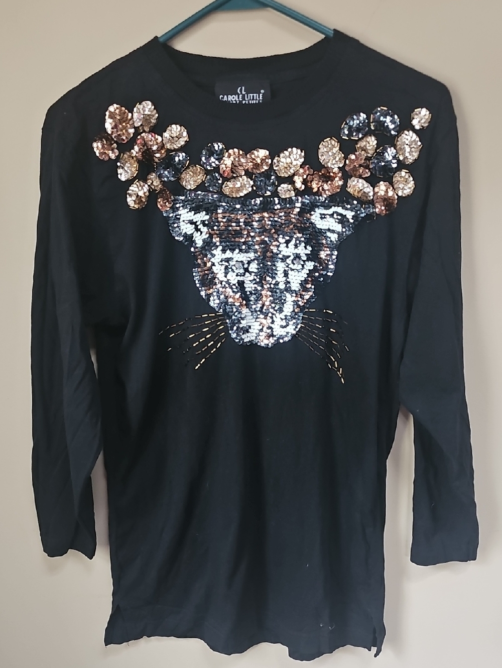 Carole Little Black Long-Sleeve Sequin Leopard Tee with Rose Gold Accents